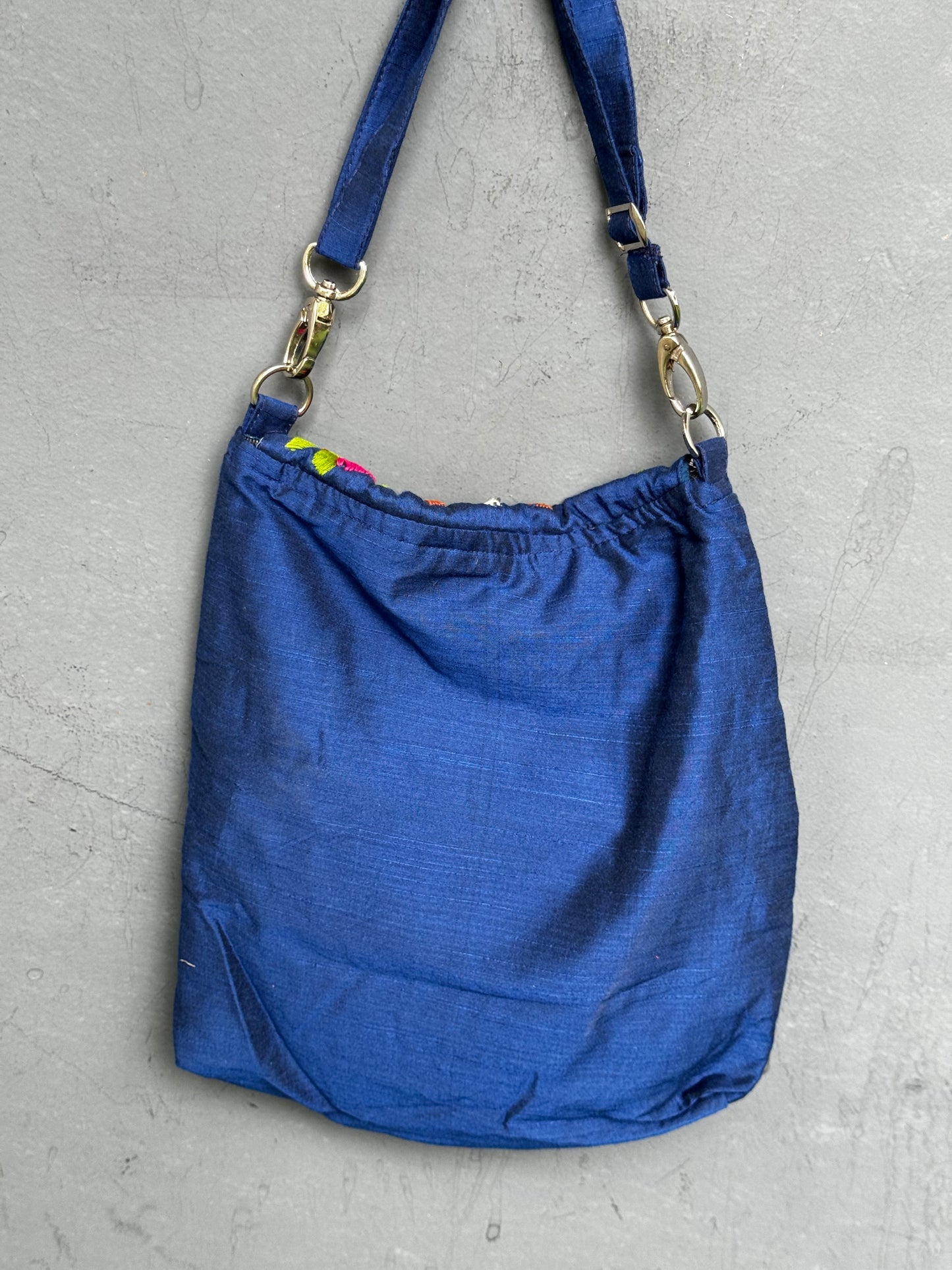Light weight fabric bag with colourful hand embroidery - adjustable length sling bag