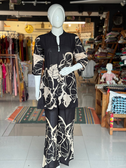 Black with leaves print band collared cotton top with long sleeves and pants - coord set