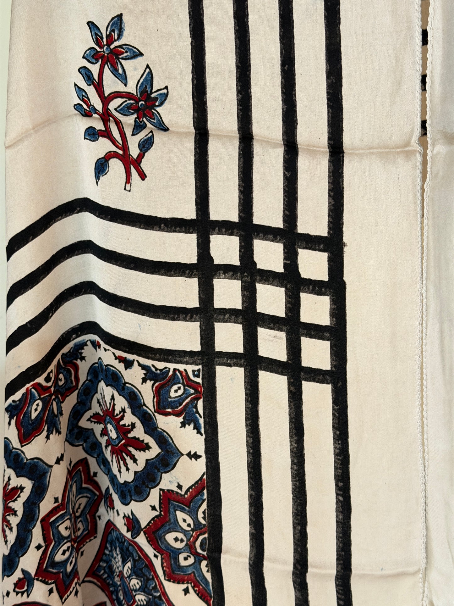 Cream floral print Ajrakh hand block printed soft modal stole