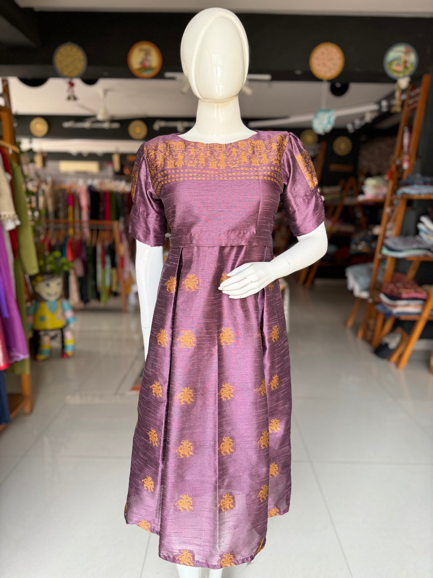 Mauve hand woven raw silk dress with tribal motifs