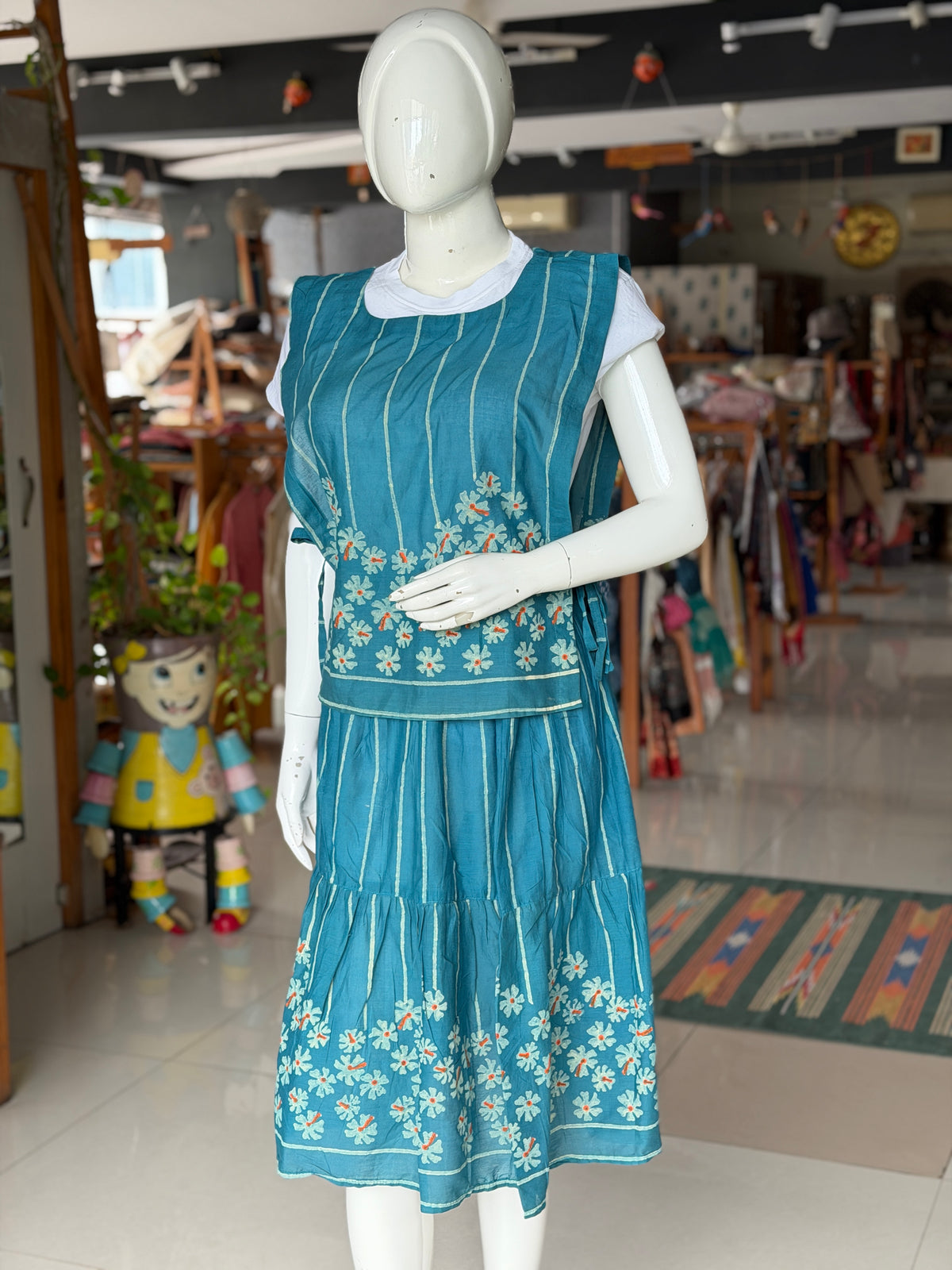 Teal Parijat hand block printed cotton skirt - free size