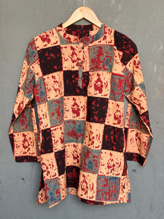 Cream, Indigo, black squares ajrakh hand block printed full sleeves cotton kurta for boys