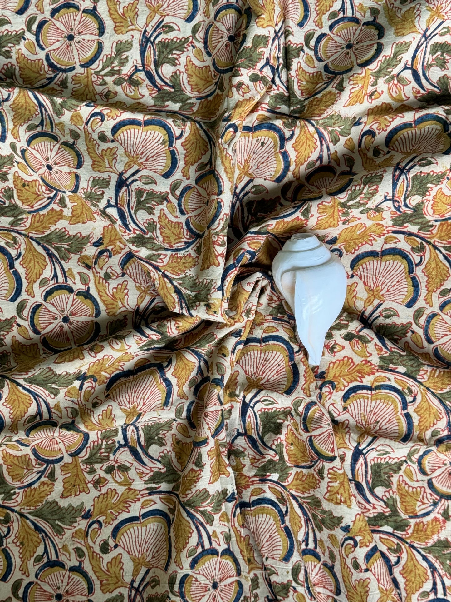 Cream hand block printed natural dyed Kalamkari cotton fabric - 5 petal flowers ; 60 inches wide panna