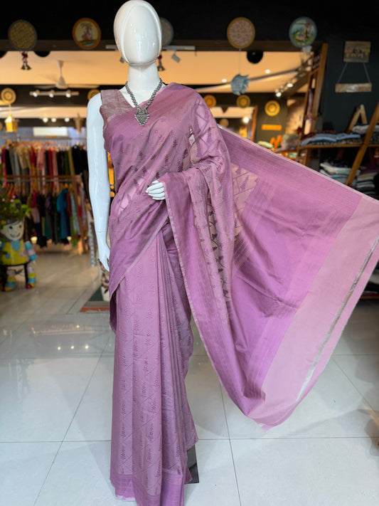 Mauve Banarasi cotton saree with self border