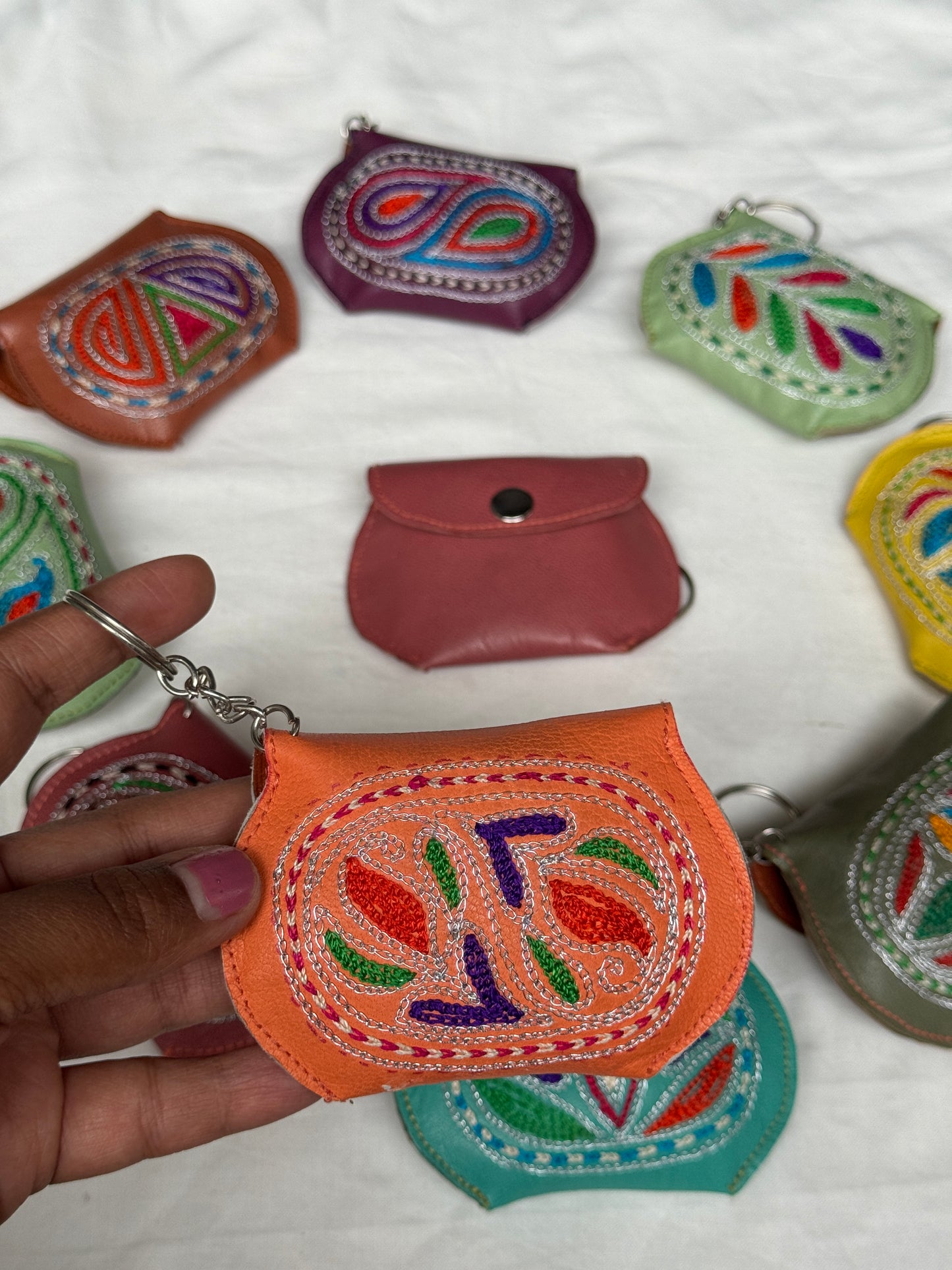 Key ring - leather with hand embroidery - multiple designs and color options available