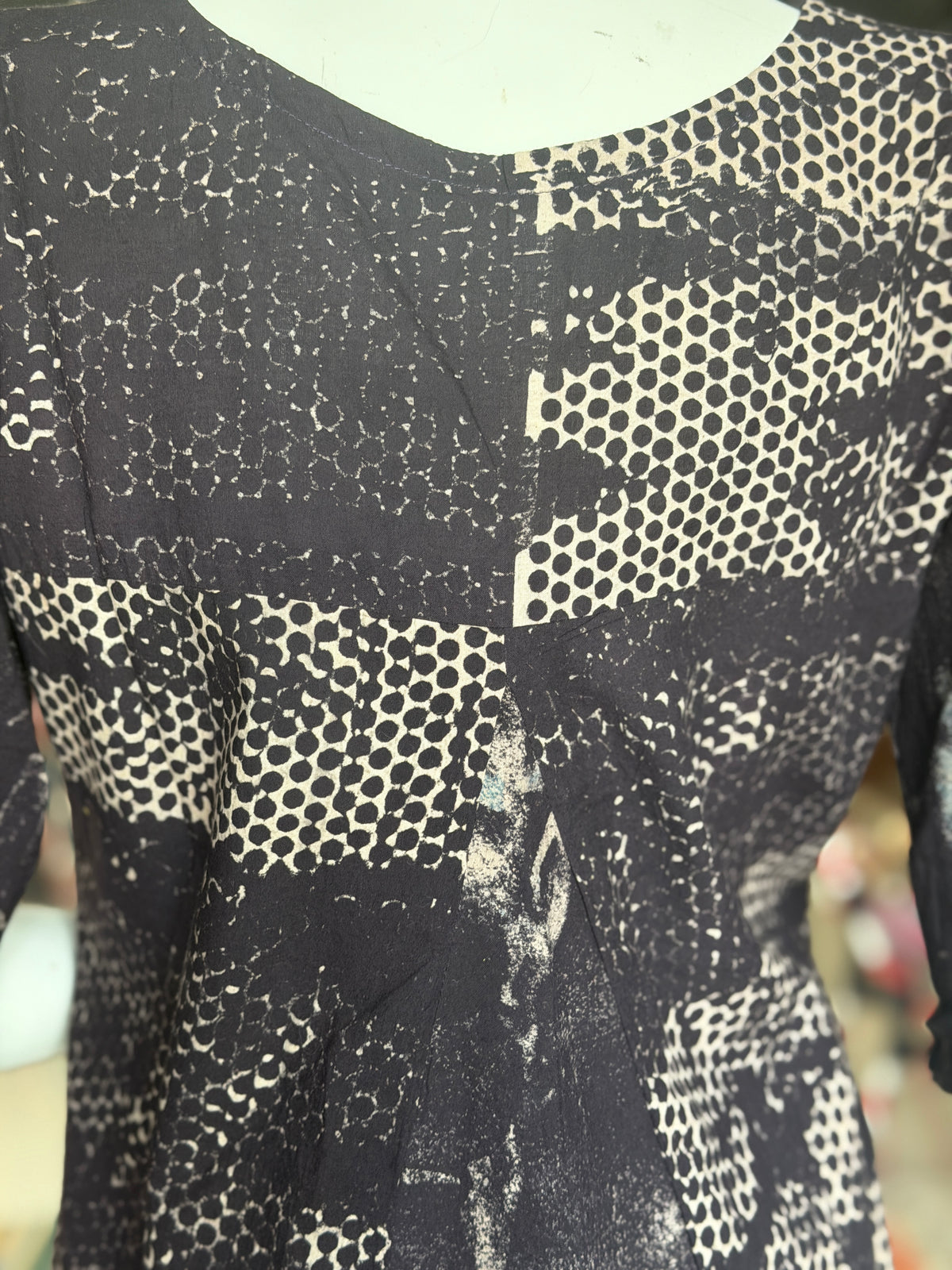 Black and beige hand block printed cotton dress