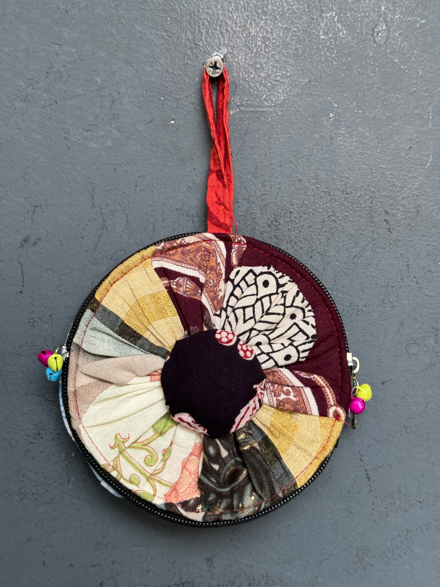 Upcycled handwoven fabric patch work round gifting / coin pouch with zipper closure