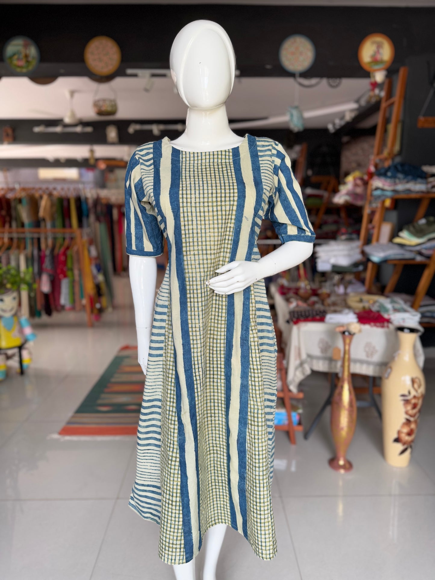 Blue green stripes and checks hand block printed designer cotton dress with boat neck