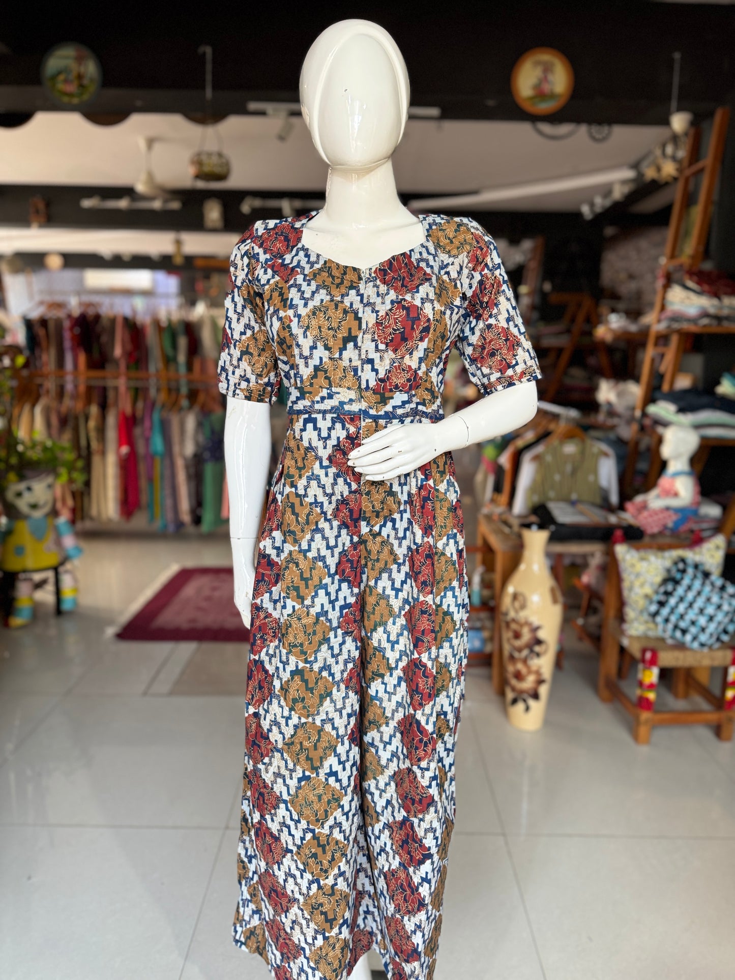 Indigo, maroon, brown and gold hand block printed cotton jumpsuit