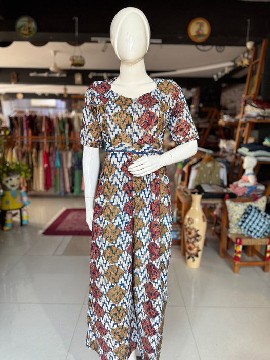Indigo, maroon, brown and gold hand block printed cotton jumpsuit