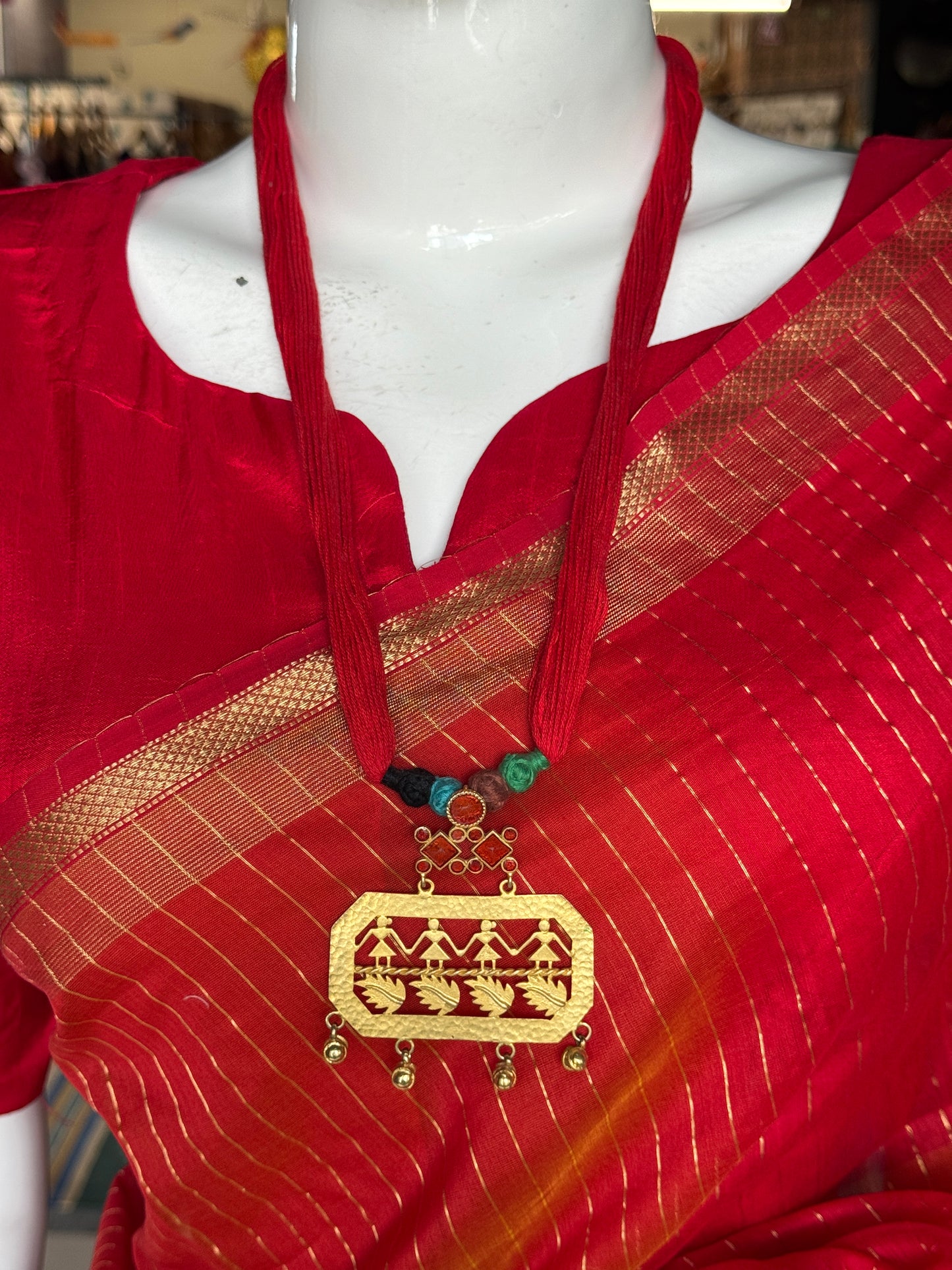 Red thread with silver alloy gold plated women power pendant - neckpiece