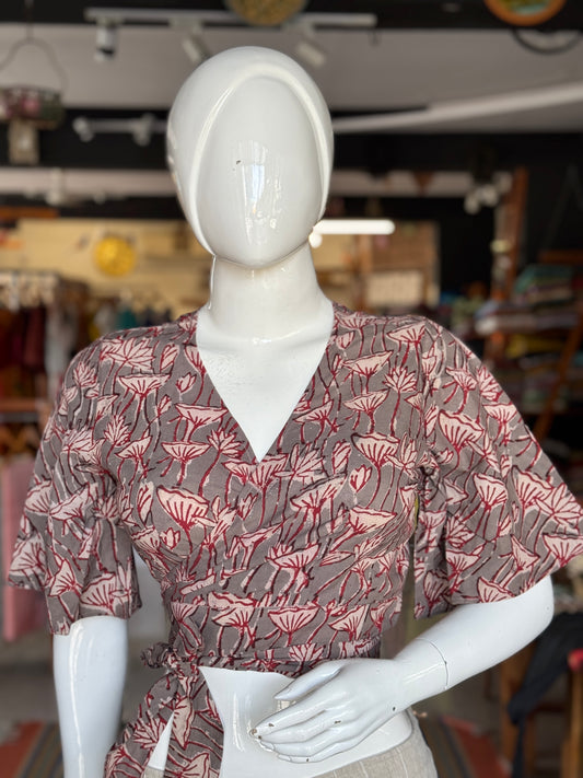 Wrap style free size cotton crop top blouse in natural dyed, hand block printed cotton
