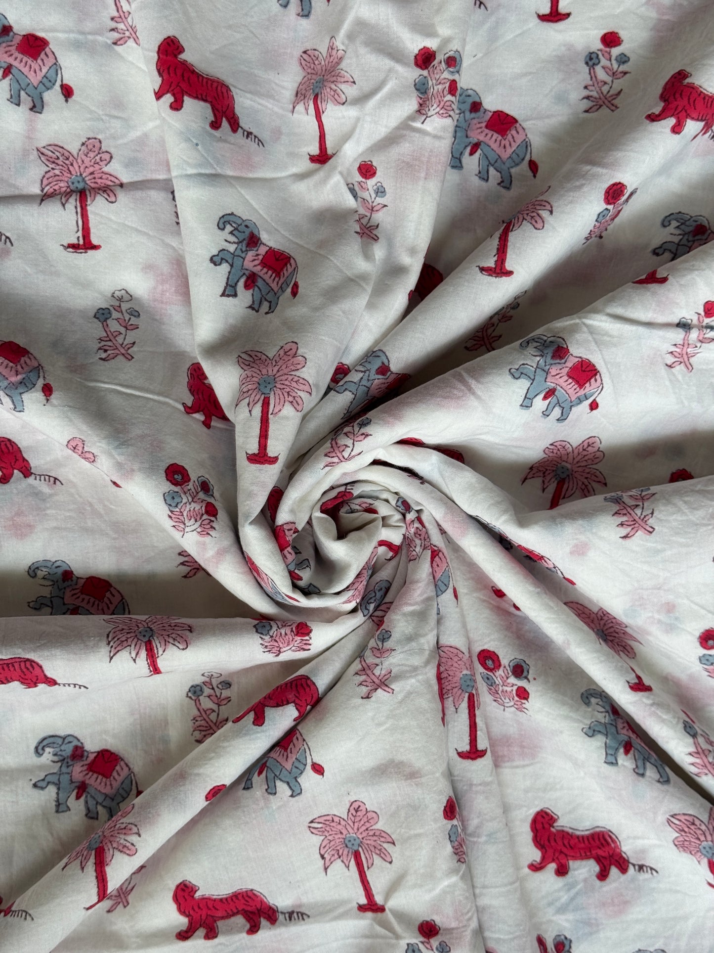 White hand block printed forest theme cotton fabric