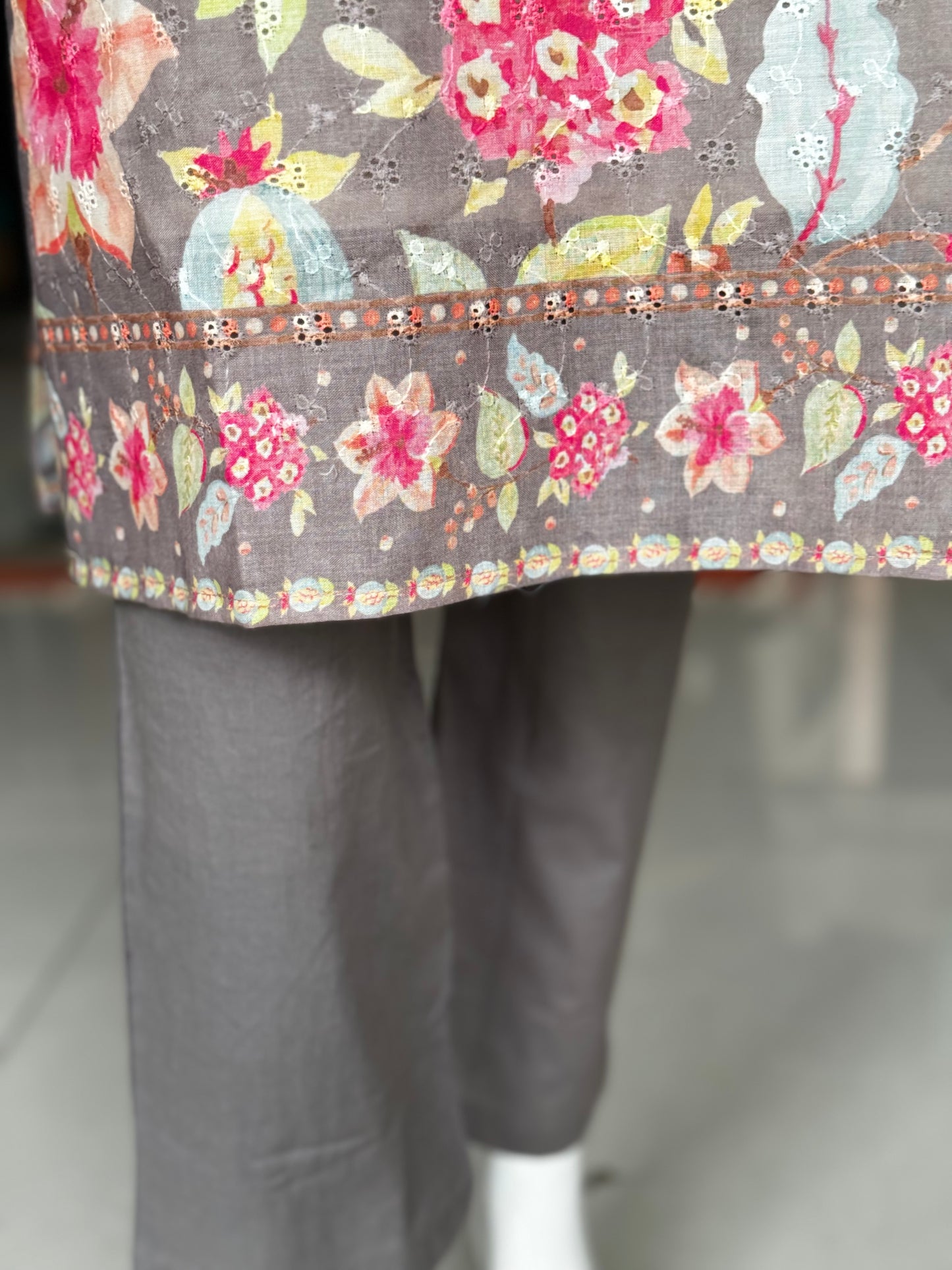 Grey floral print cotton schiffli cut work straight Kurti, pants and dupatta set