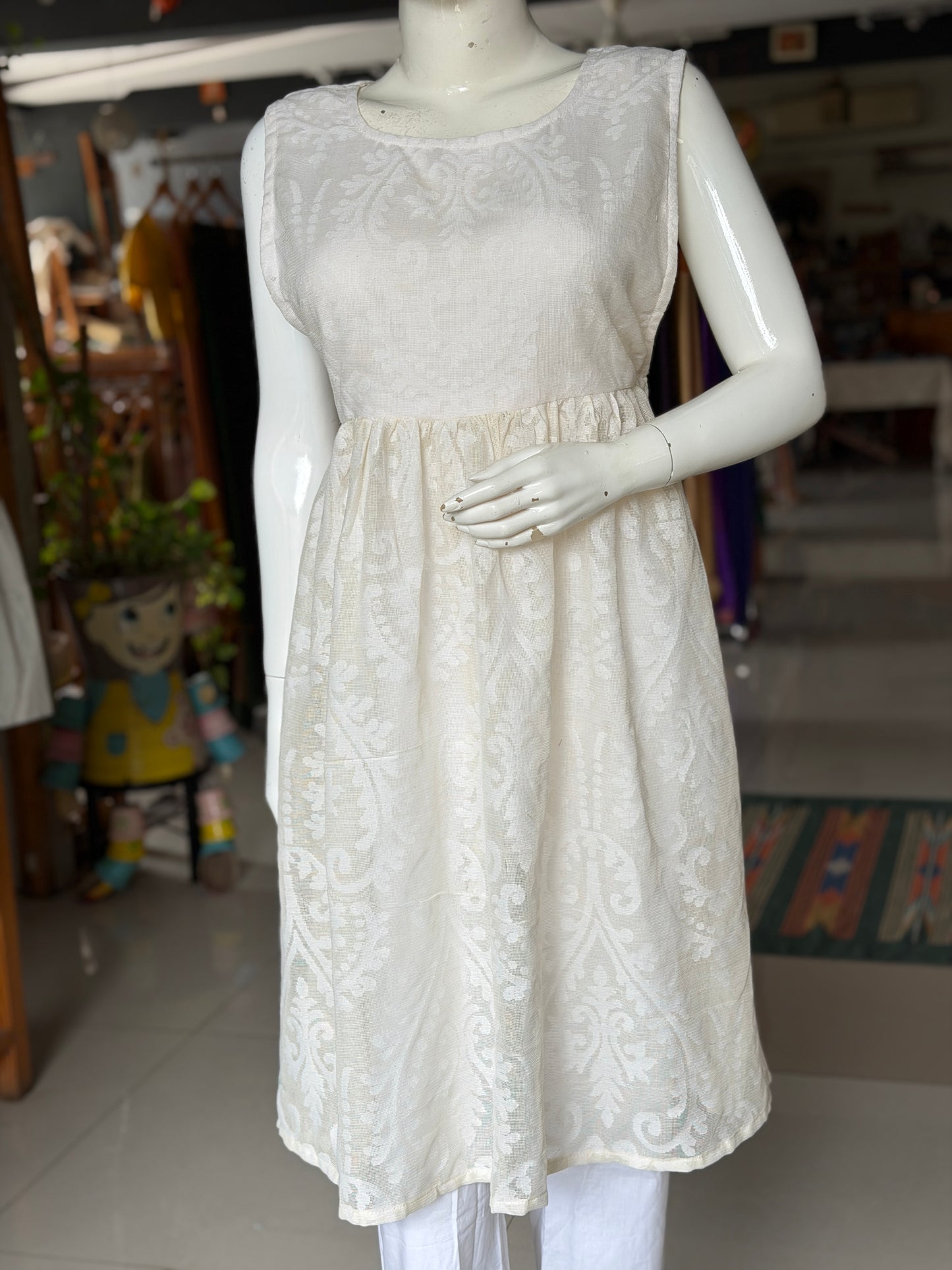 Off white banaras cotton cut work side ties dress / Kurti