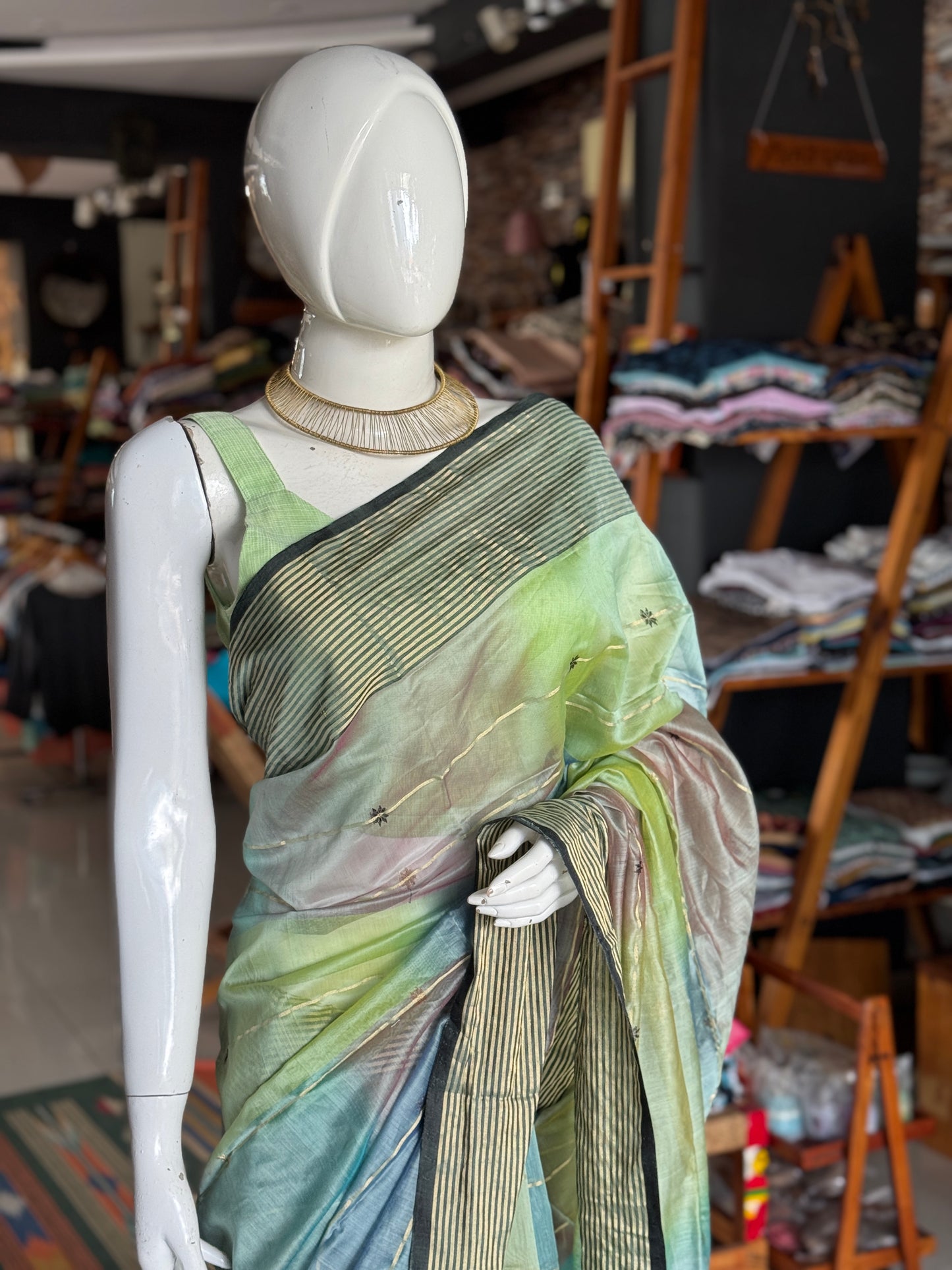Multi color star buti stripes silk cotton Maheshwari handloom saree