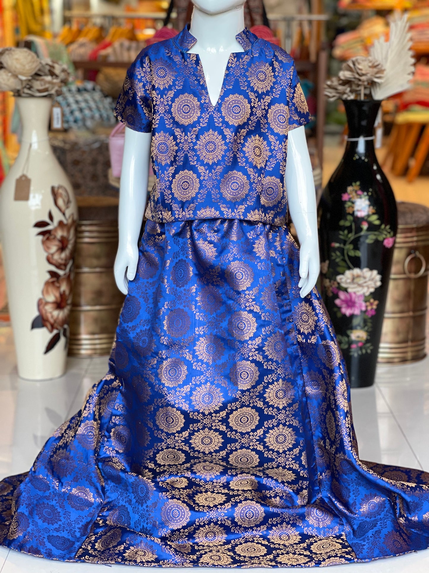 Blue Banarasi brocade lehenga crop top set