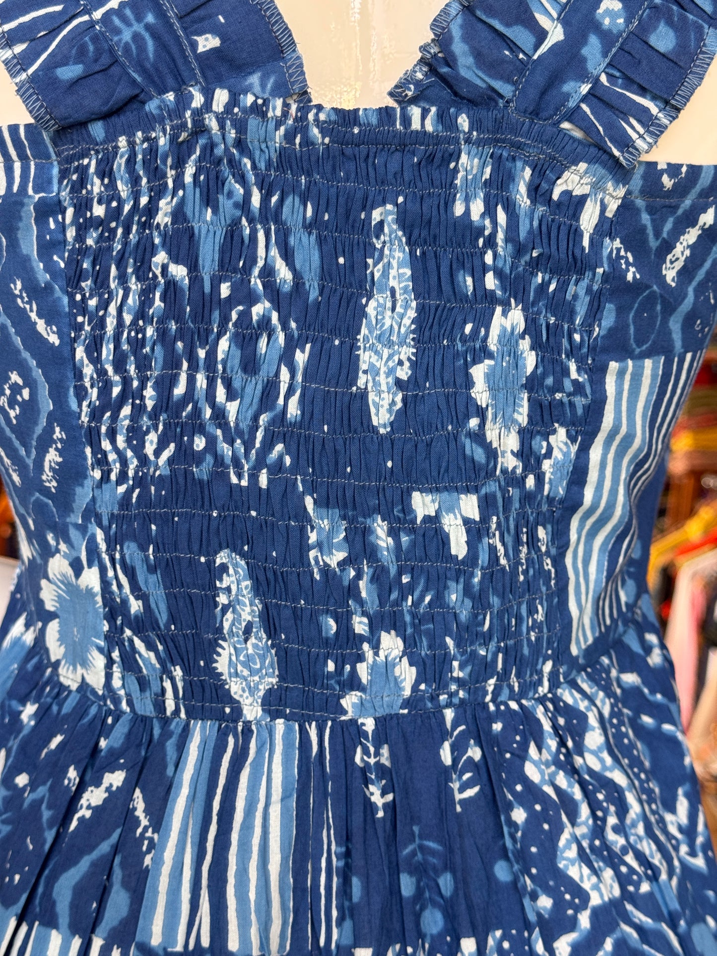 Blue patch work look hand block printed designer sleeveless tiered cotton dress with smocking back
