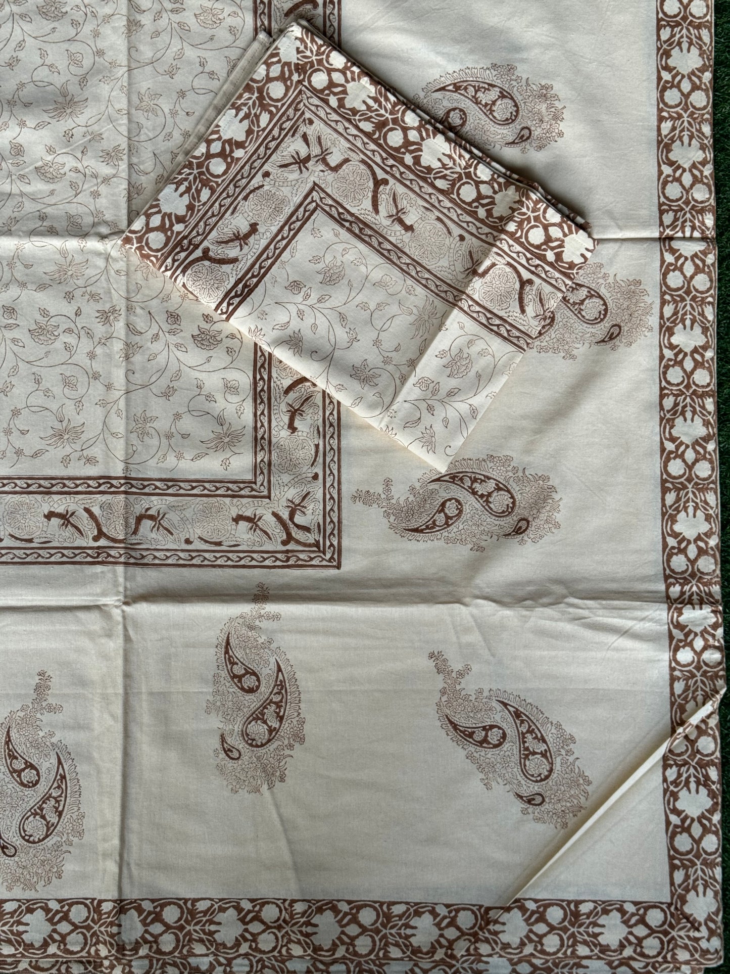 Brown floral print (brass hand block prints) on sandal base pure cotton king size bedsheet