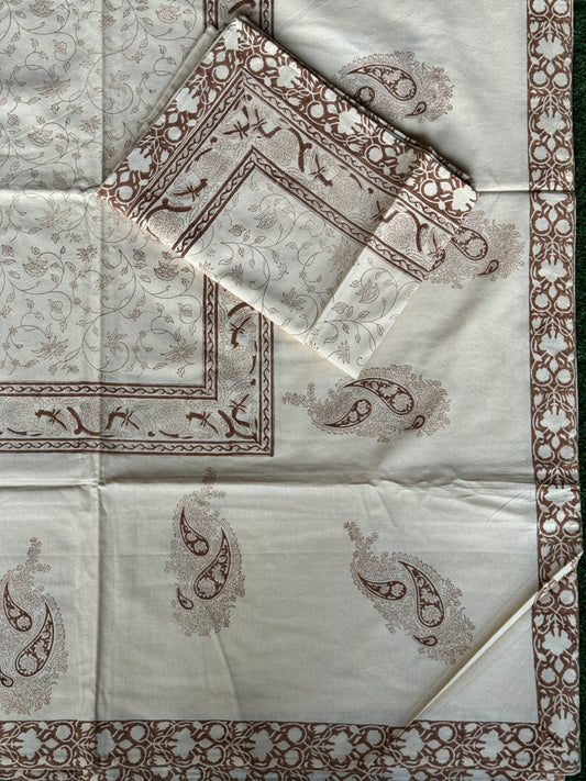 Brown floral print (brass hand block prints) on sandal base pure cotton king size bedsheet