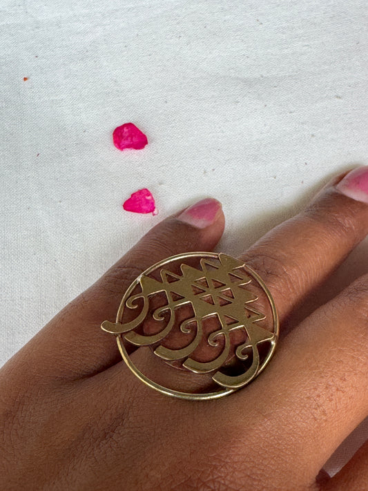 Saraswati yantra design finger ring in brass and copper
