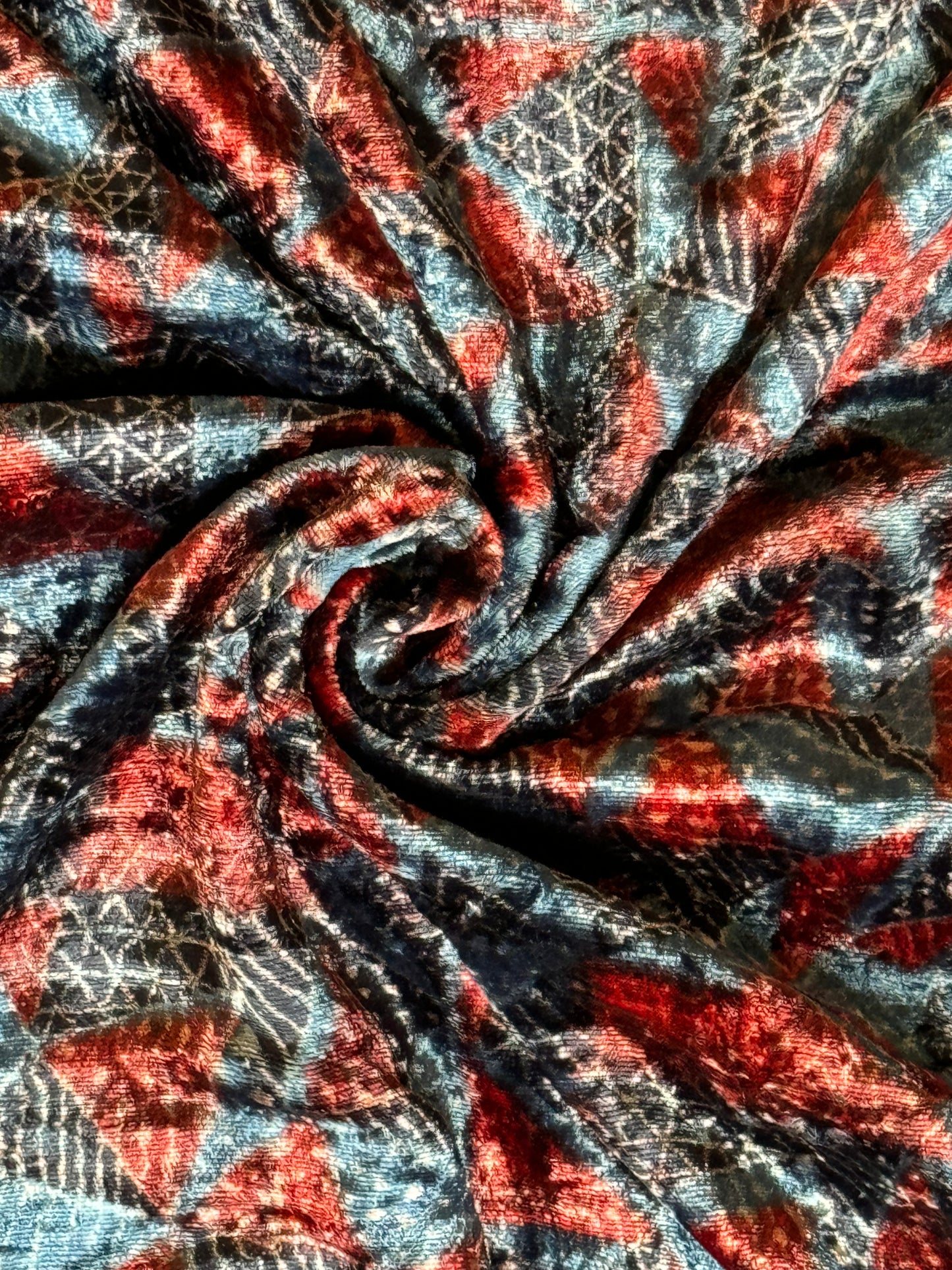 Indigo maroon black triangles design ajrakh hand block prints on velvet fabric