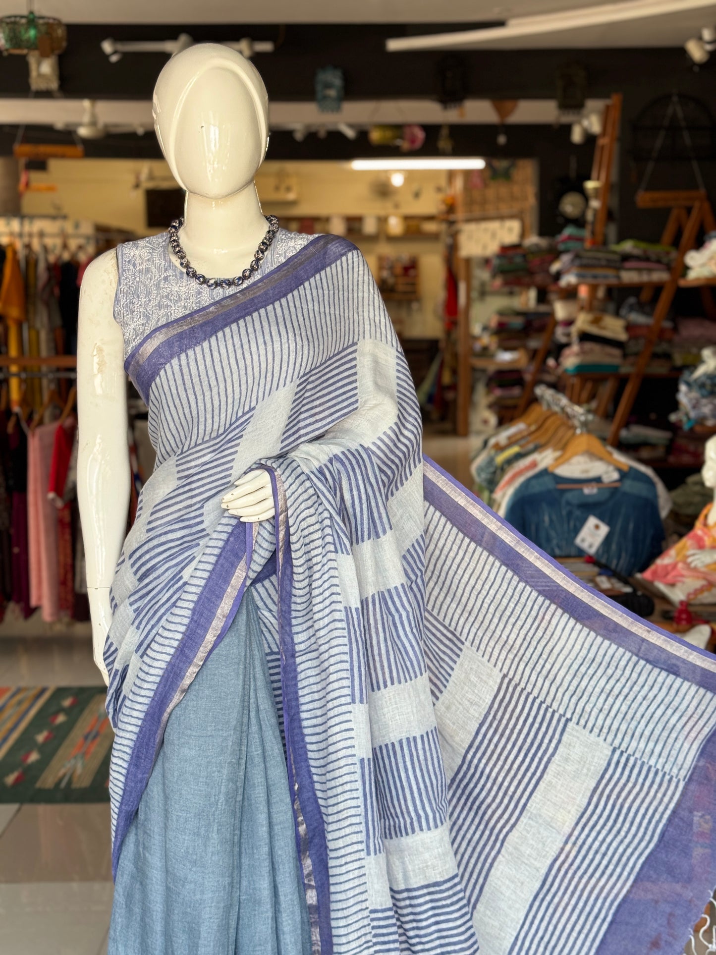 Blue stripes hand block printed linen saree