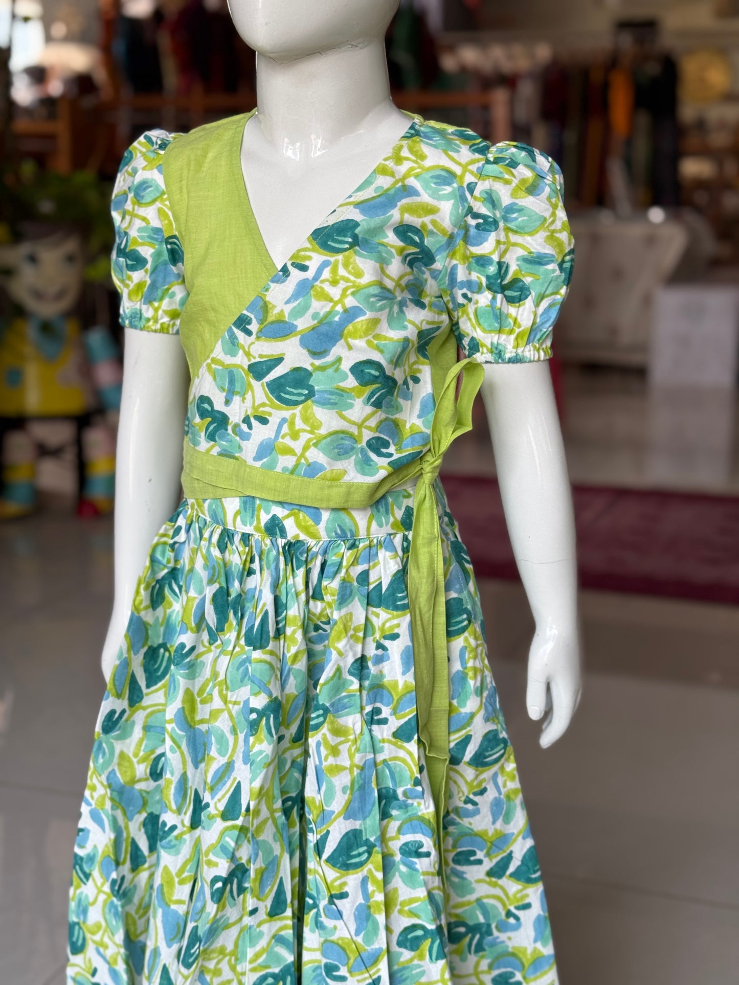 Blue green hand block printed cotton lehenga skirt and wrap top - 2 piece set for girls