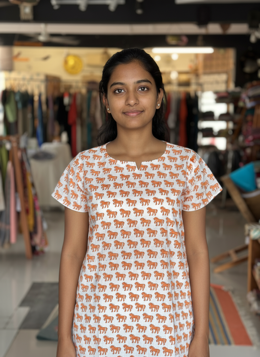 Horses print hand block printed white cotton short kurti