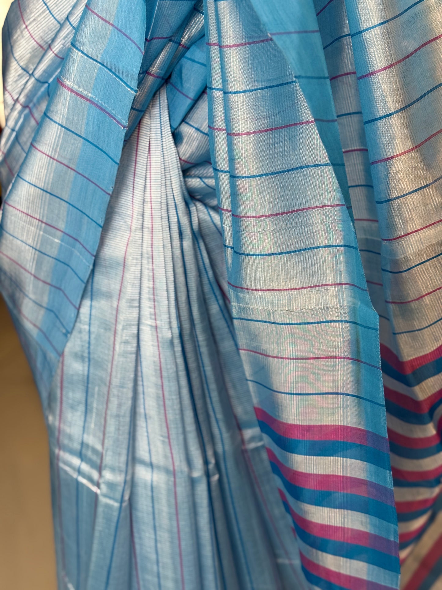 Blue stripes Mangalagiri handloom saree with contrast blouse