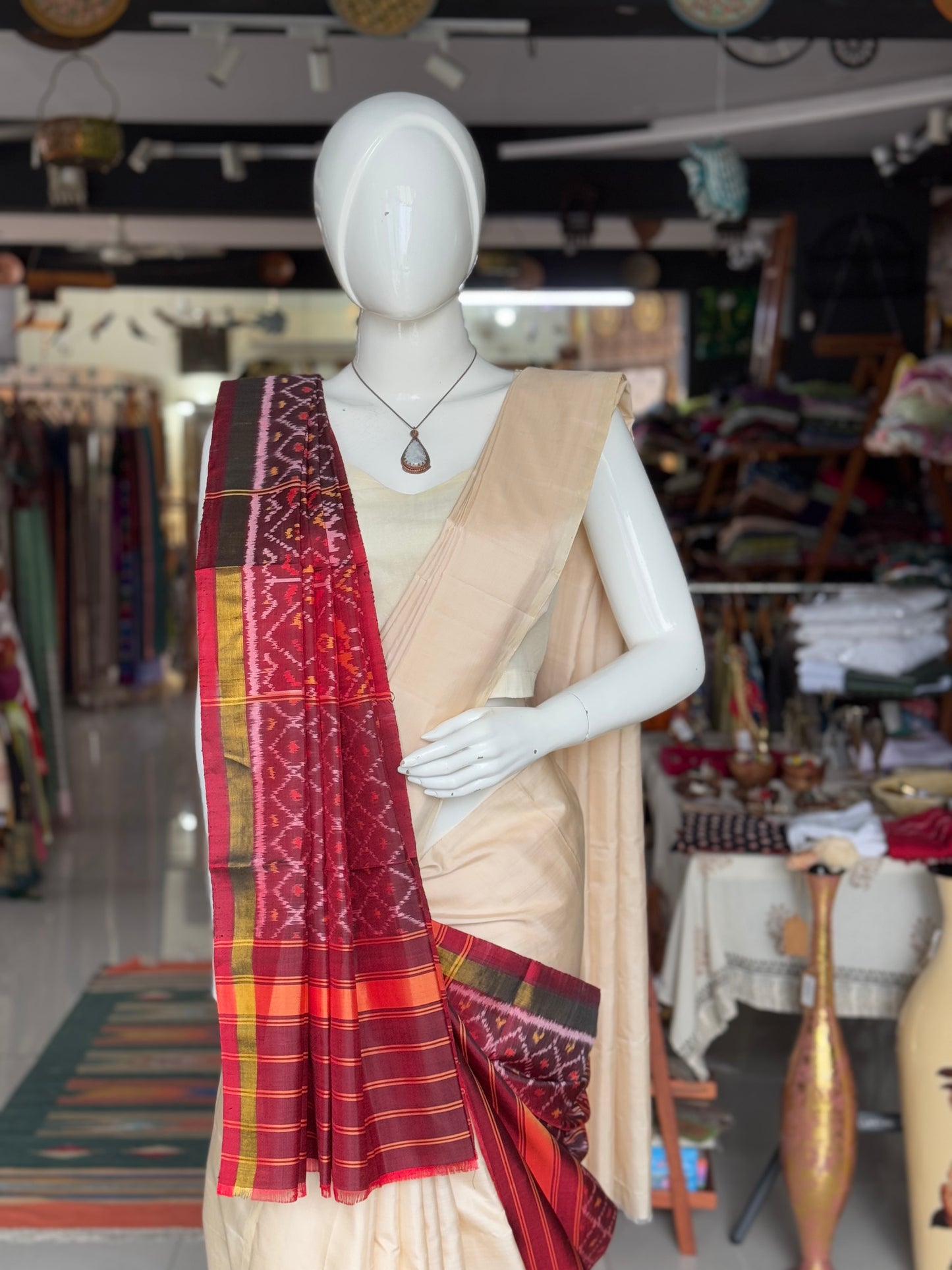 Maroon handwoven mulberry silk ikat patola dupatta