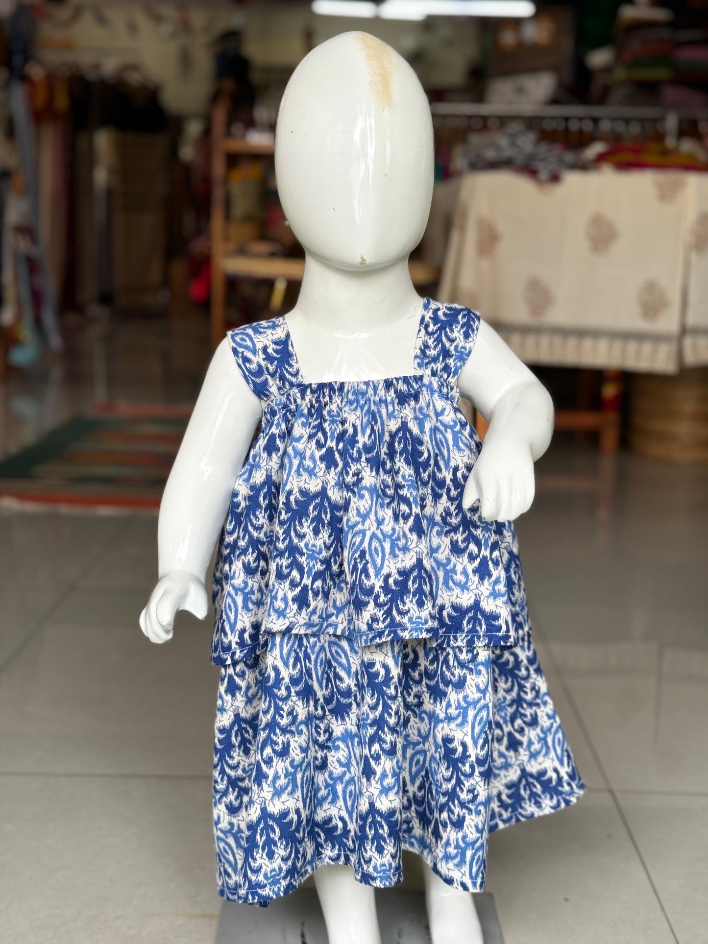White and blue tiered frills cotton frock for girls