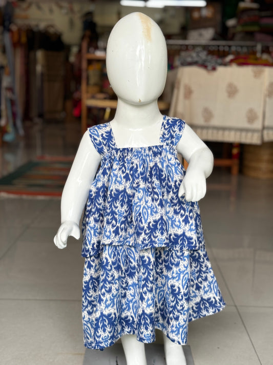 White and blue tiered frills cotton frock for girls
