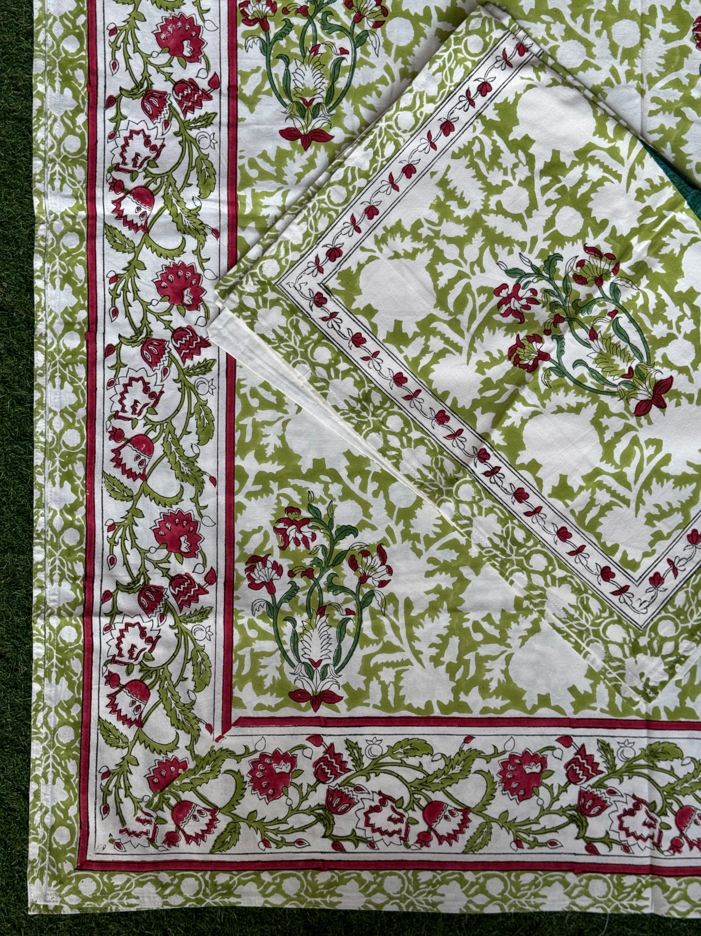 Green hand block print pure cotton king size Bedsheet with silver Khadi prints