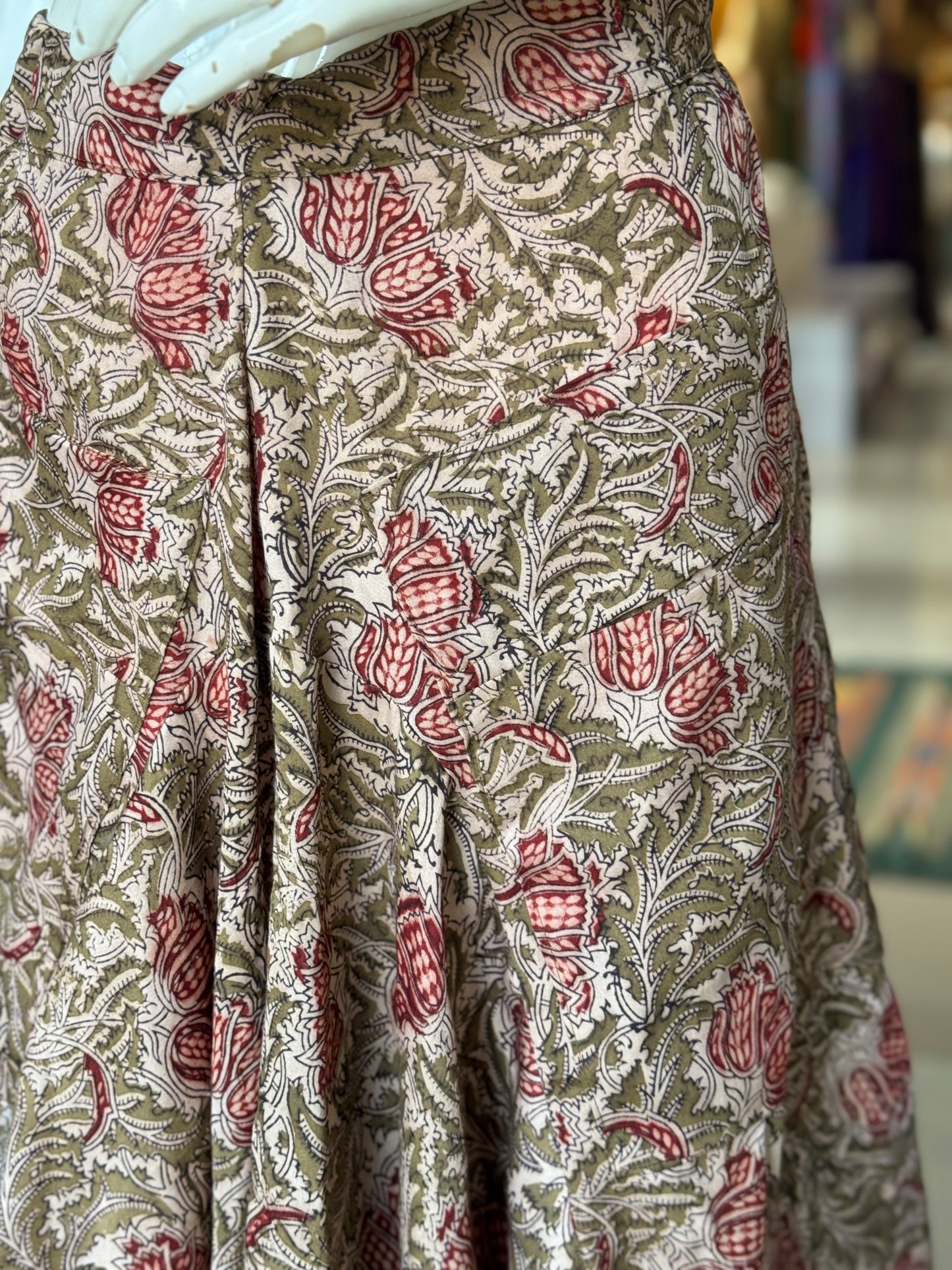 Olive green Kalamkari hand block printed cotton satin designer cowl skirt - with pockets