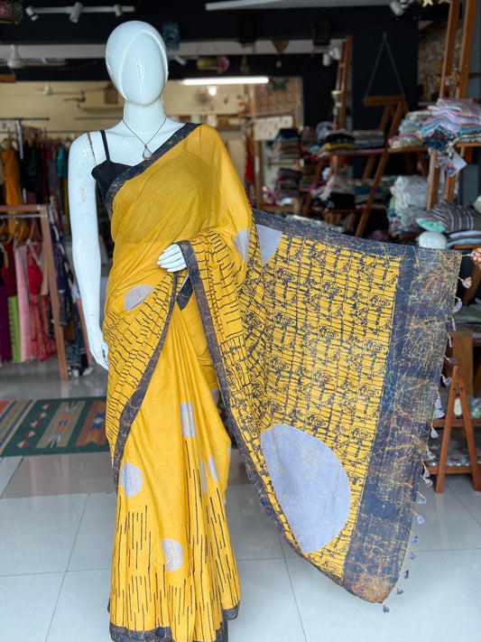 Batik soft cotton saree in yellow, grey