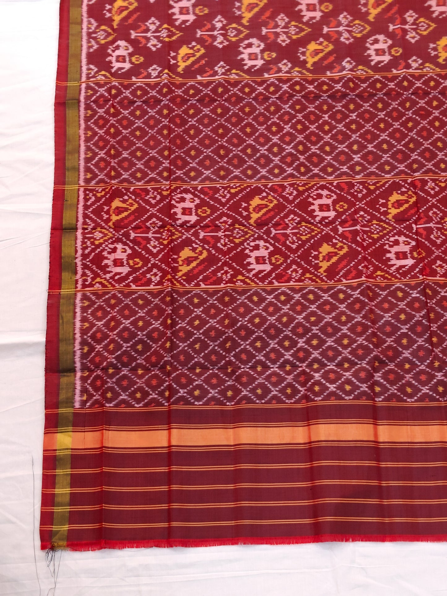Maroon handwoven mulberry silk ikat patola dupatta