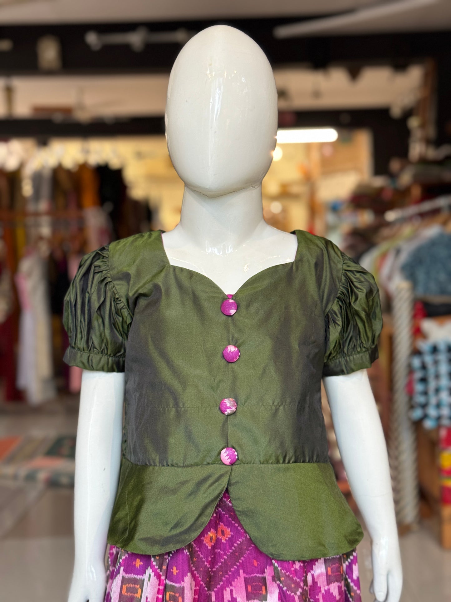 Purple handwoven ikat pure silk lehenga (pattu langa) with green puff sleeves peplum top / blouse set