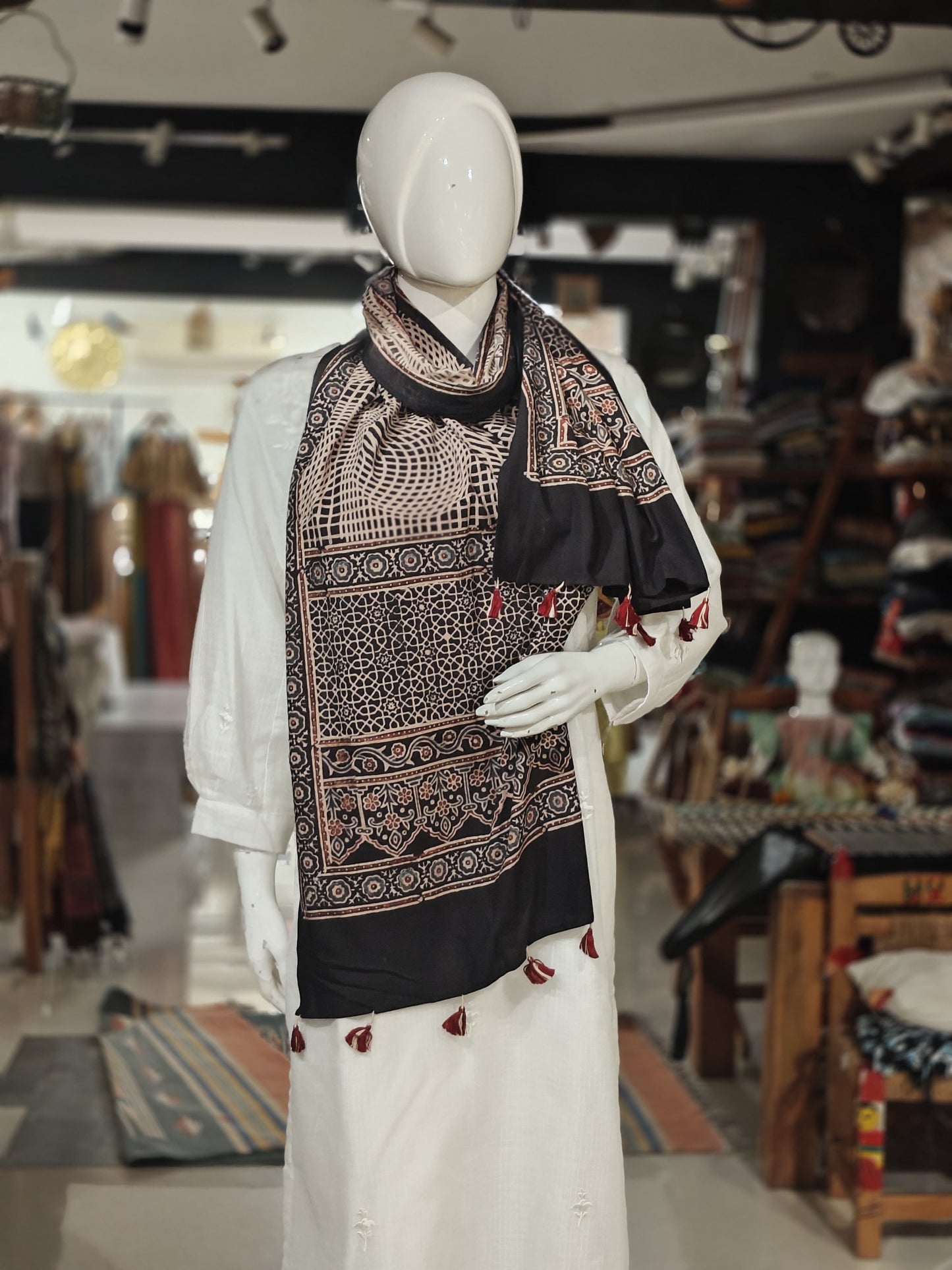 Ajrakh cotton stole - hand block geometric prints