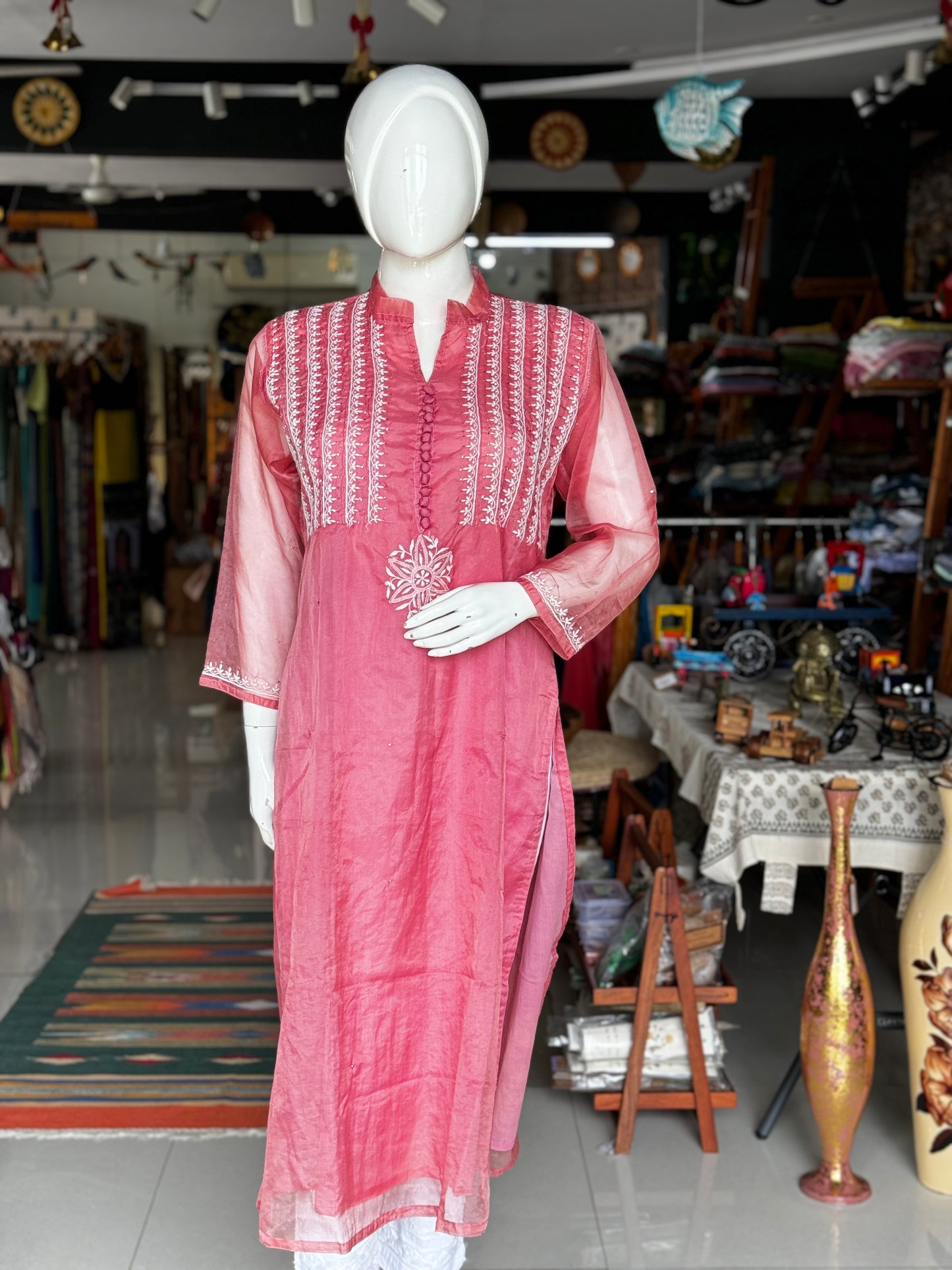 Pink chikankari hand embroidered organza kurta / dress