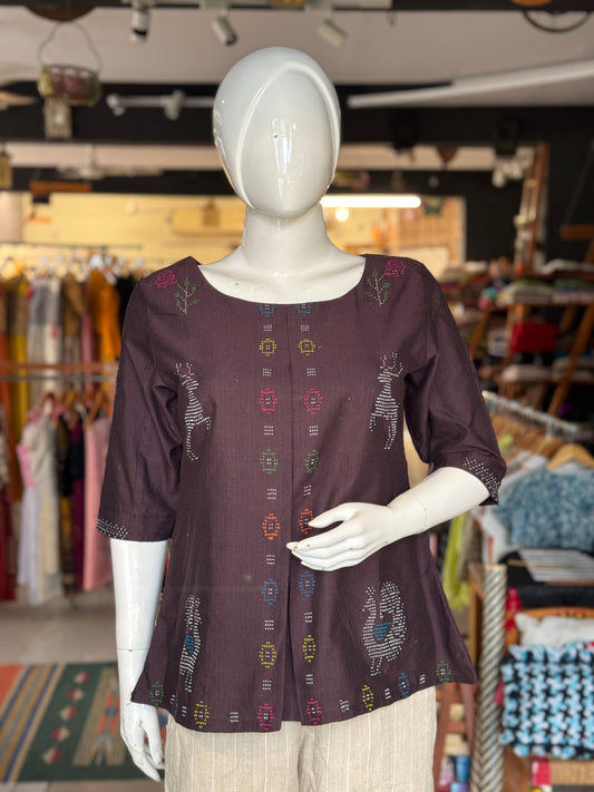 Tangaliya handloom brown cotton top with rose n deer motifs