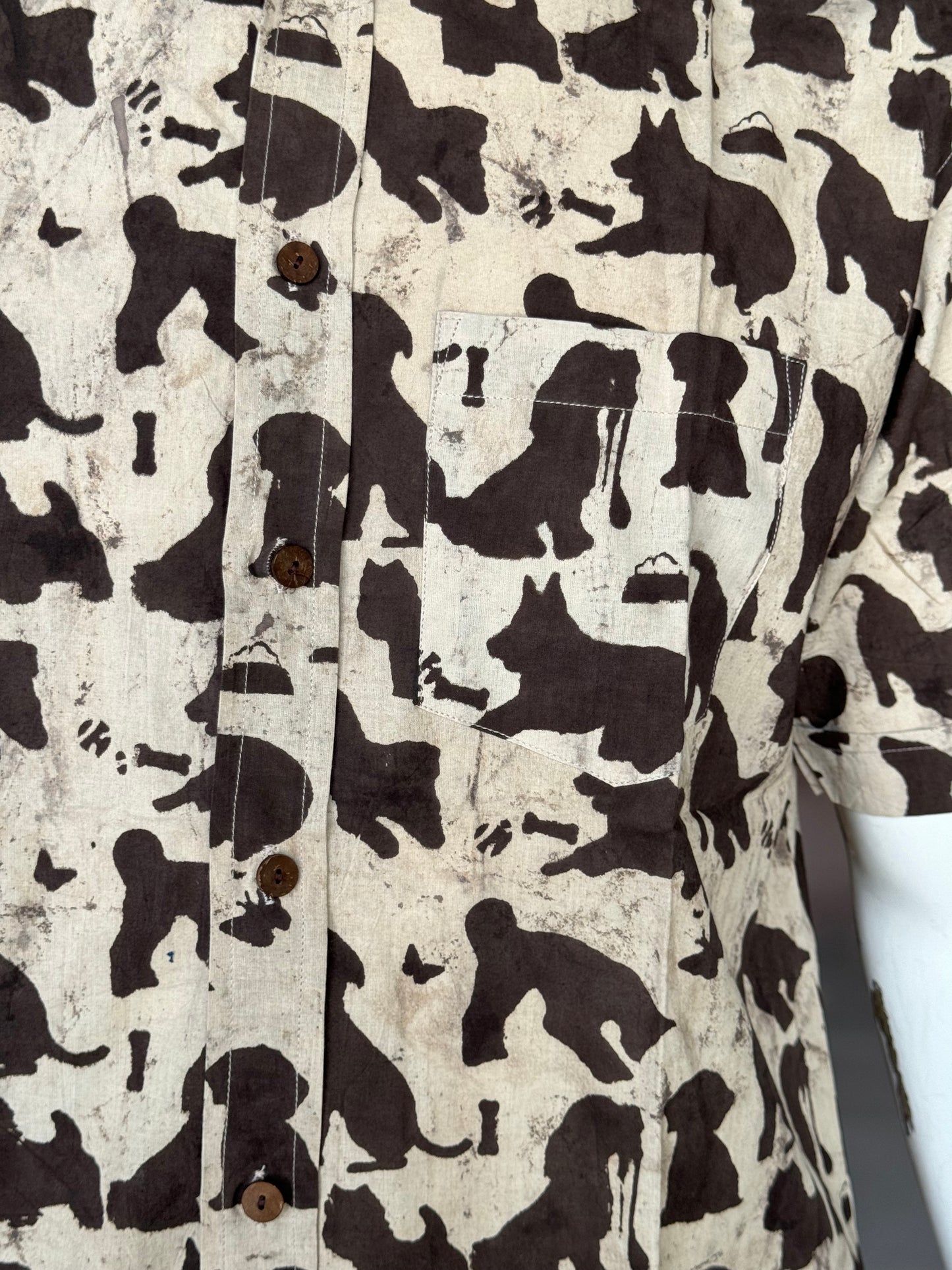 Off white dogs print half sleeves mens natural dye, hand block printed cotton shirt