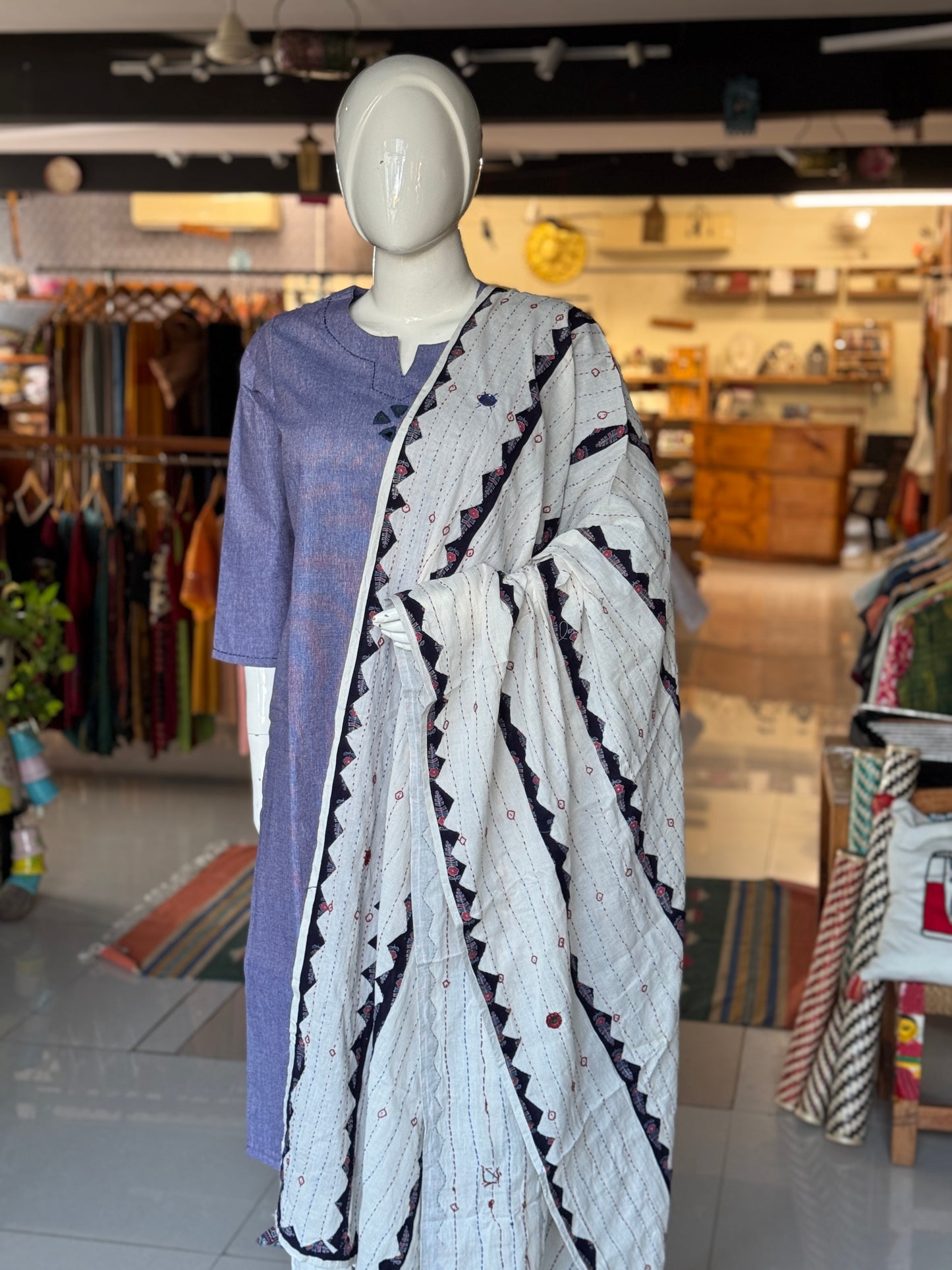 Appliq n hand embroidered mirror work cotton dupatta - click to see multiple designs