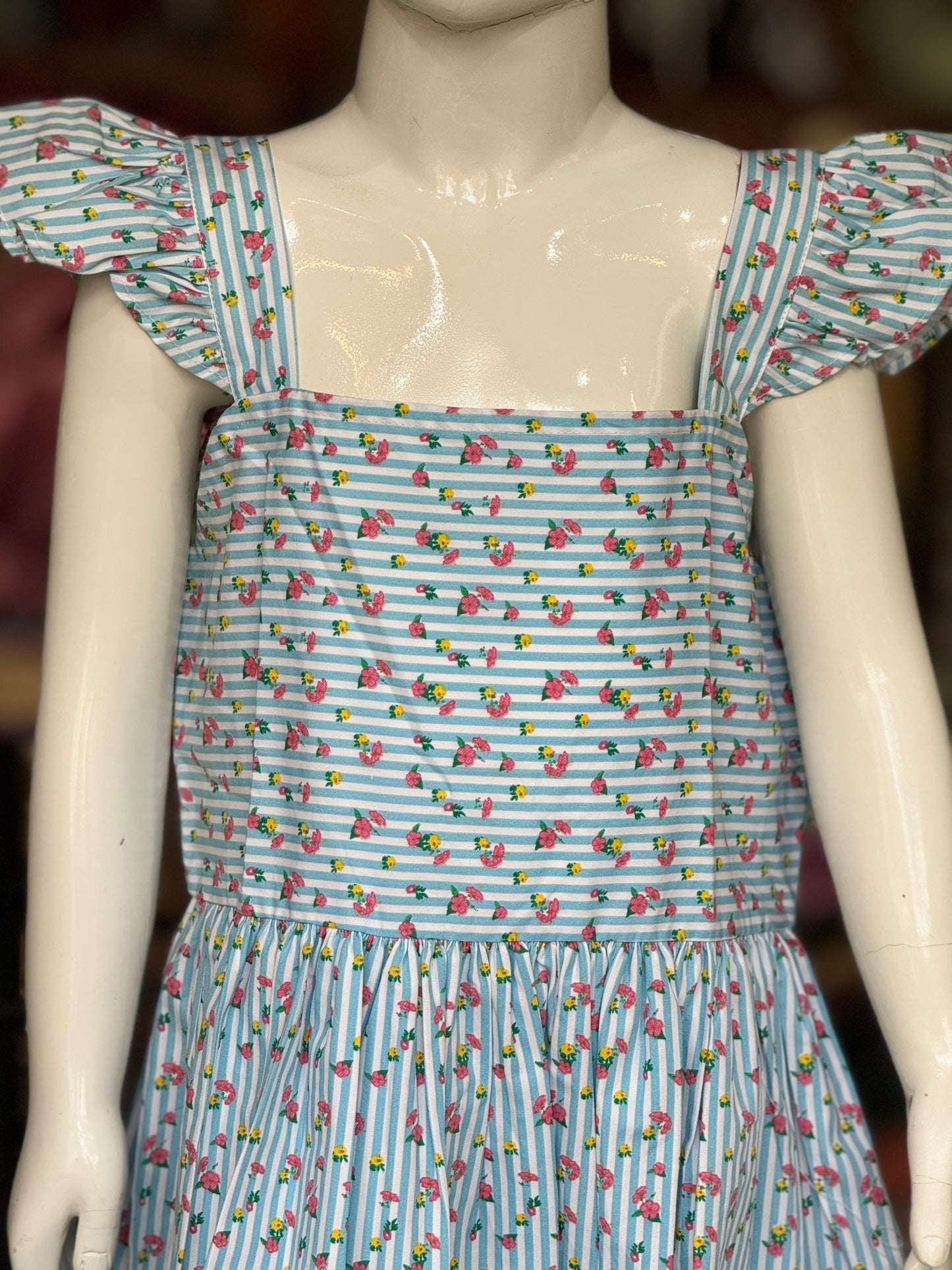 Light blue flowers and stripes print cotton frock with butterfly sleeves
