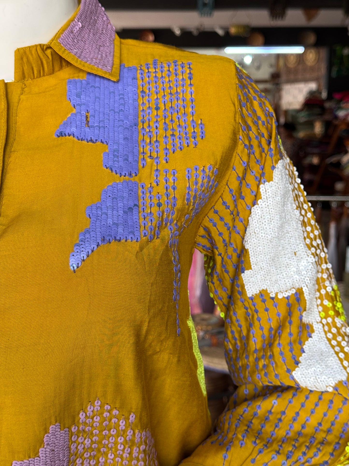 Yellow silk cotton embroidered collared top and pants party wear coord set