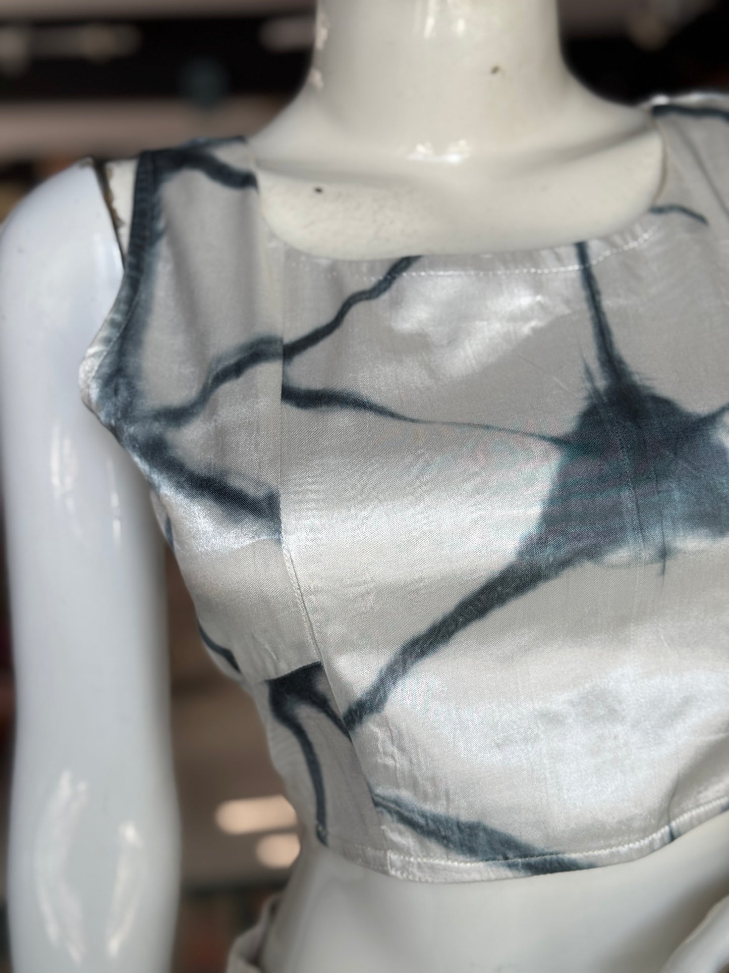 Clamp dyed white and grey modal sleeveless blouse