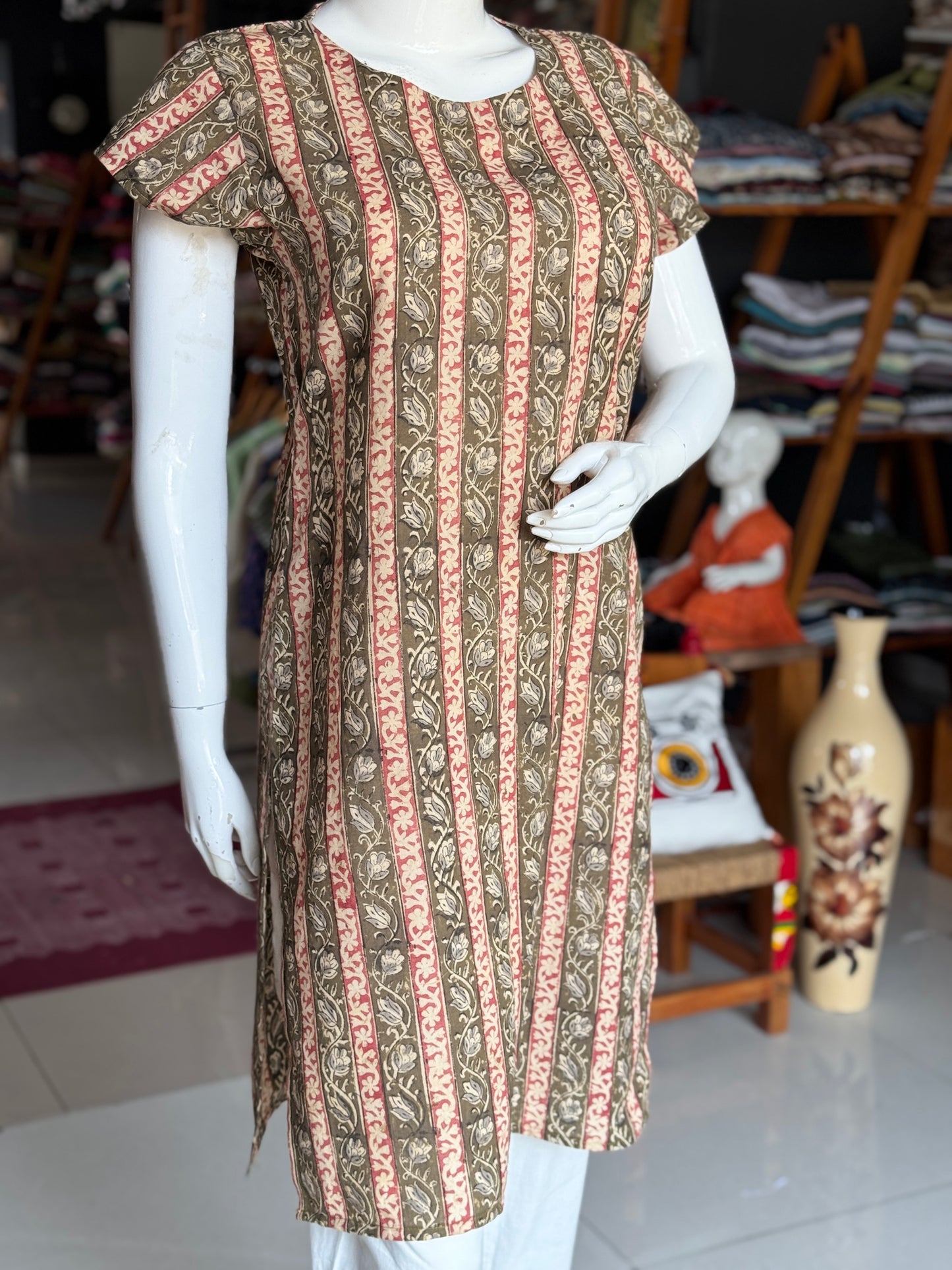 Kalamkari hand block printed cotton straight kurti with fancy neckline