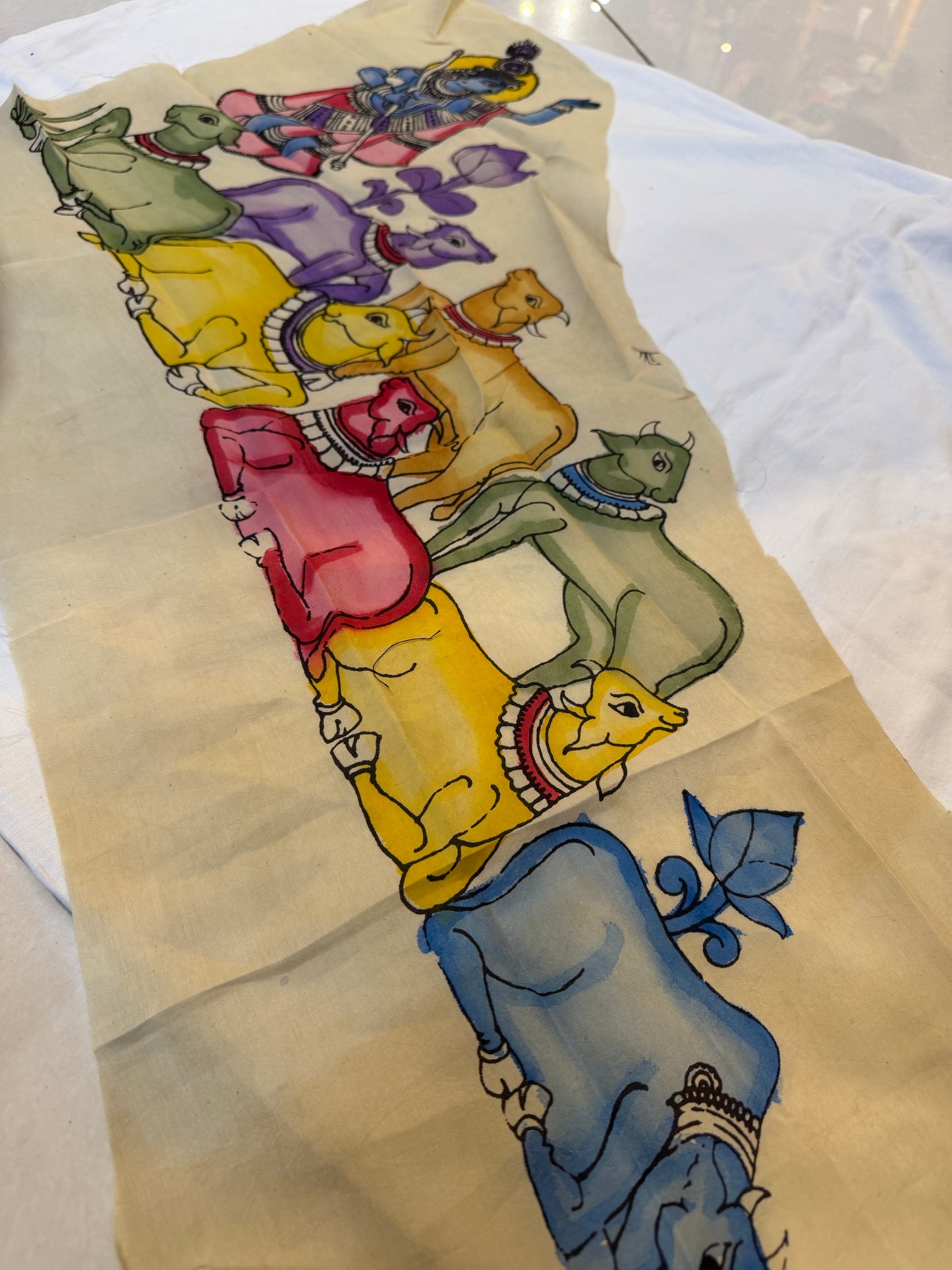 Krishna and his cows - Silk pen Kalamkari hand painted patch