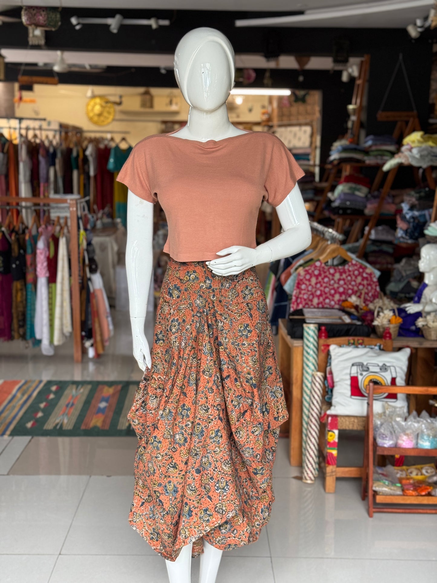 Peach Kalamkari hand block printed cotton designer skirt - with pockets