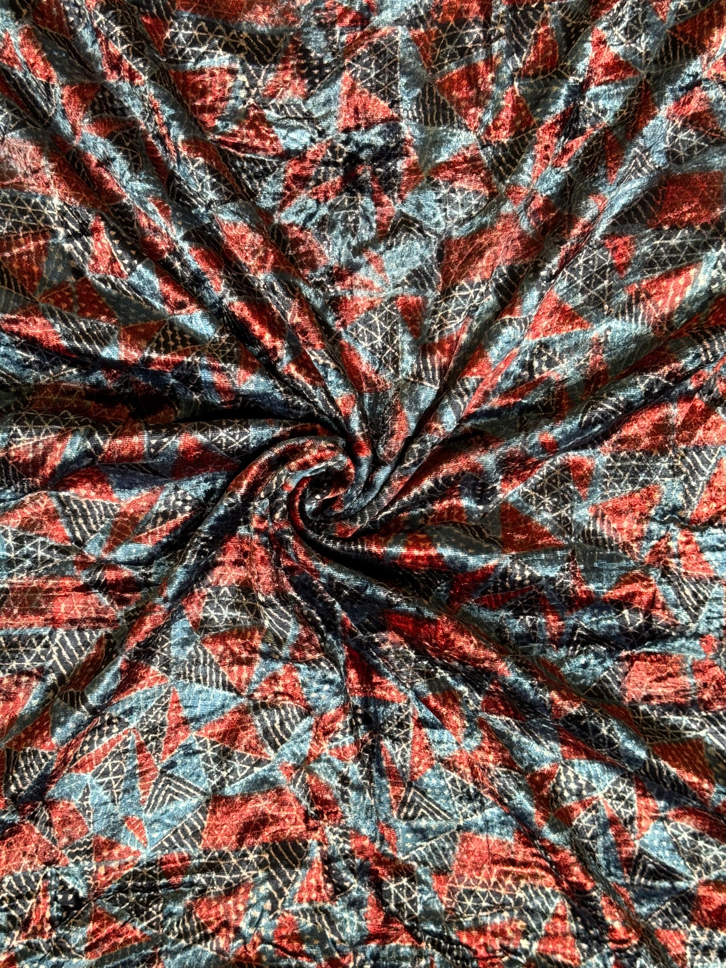Indigo maroon black triangles design ajrakh hand block prints on velvet fabric